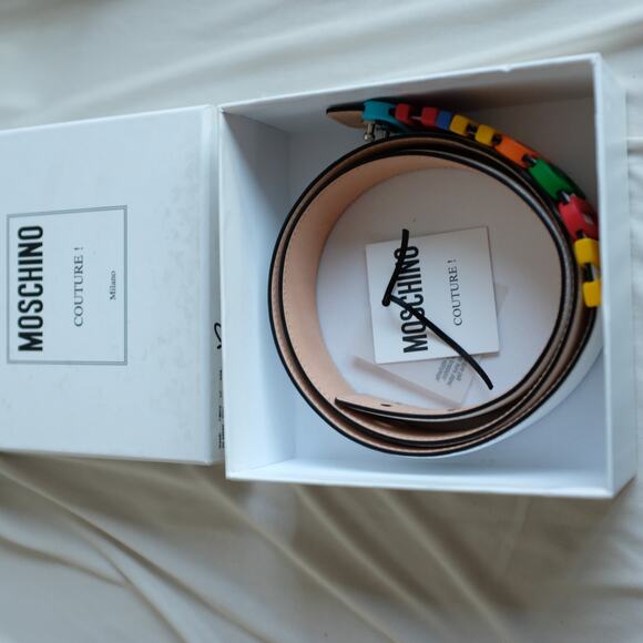 Moschino White Leather Multicolor Logo Buckle Belt Size Unisex IT50 main image 8